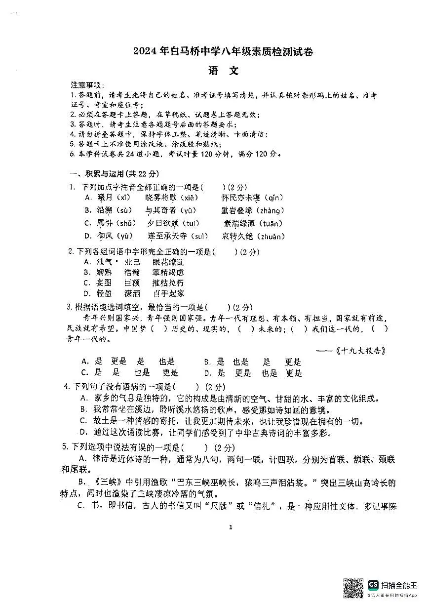湖南省长沙市宁乡市白马桥街道宁乡一中白马桥初级中学2024-2025学年八年级上学期10月月考语文试题第1页