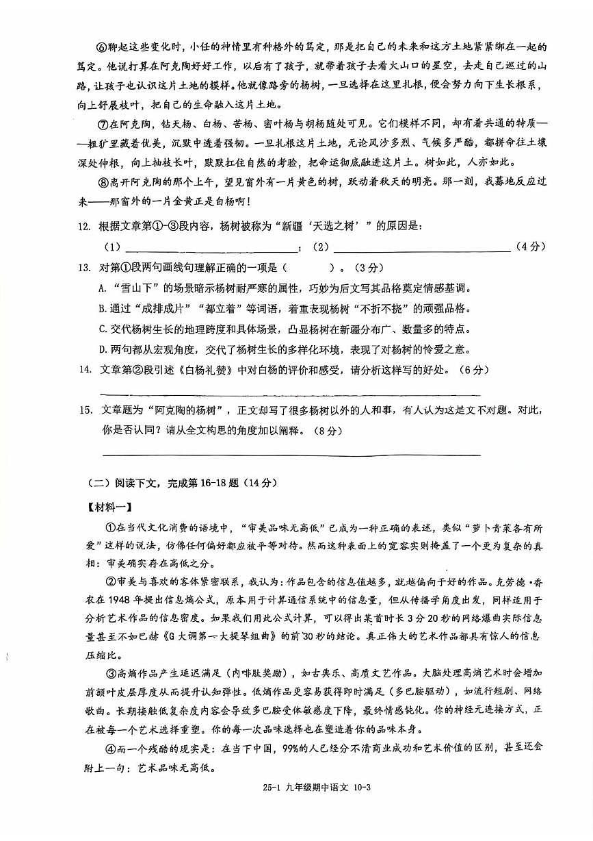 上海市世界外国语中学2025-2026学年九年级上学期期中考试语文试卷第3页