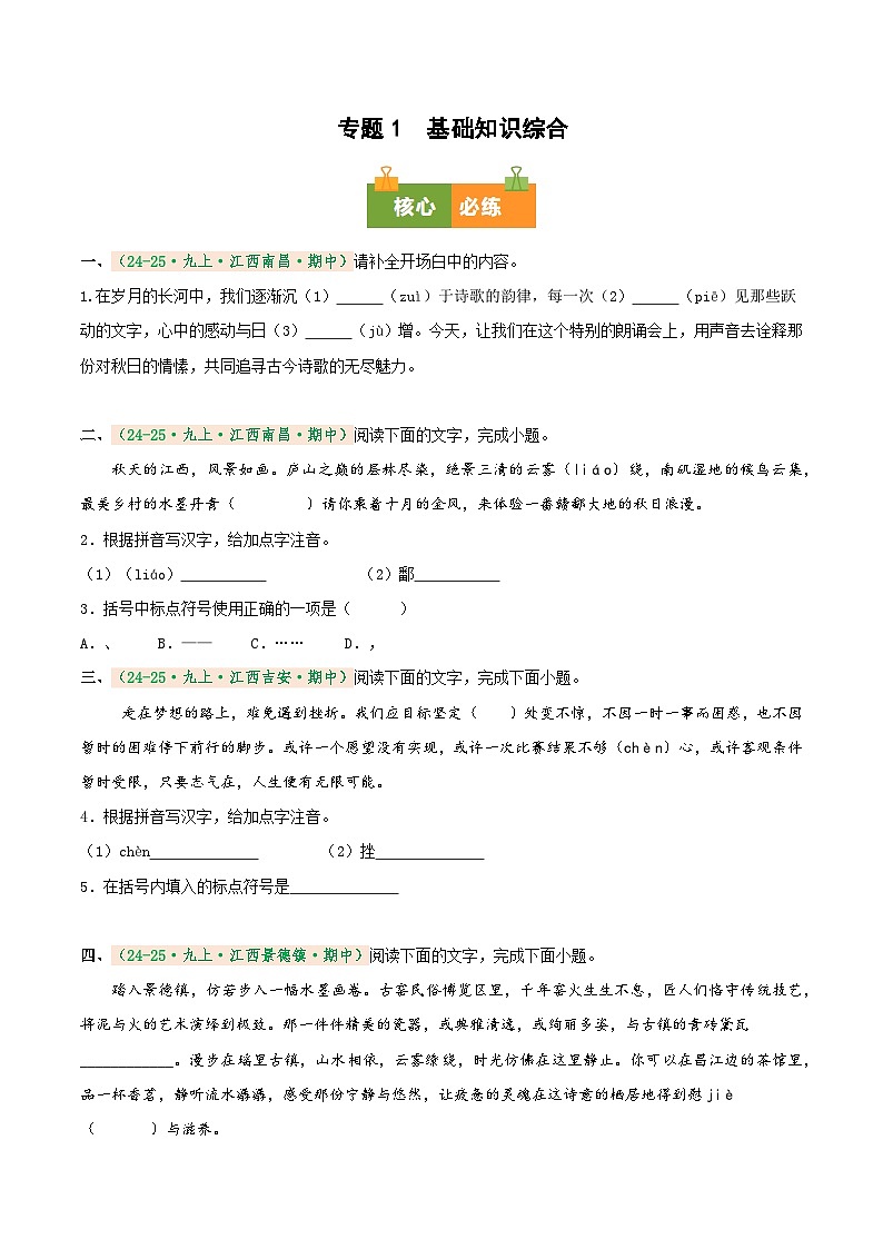 专题1 基础知识综合（期中真题汇编）（江西专用）（原卷版） 第1页
