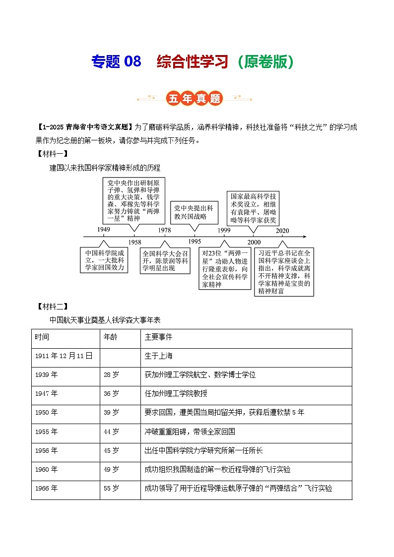 青海专用 专题08 综合性学习 （原卷版）5年（2021-2025）中考1年模拟语文真题分类汇编第1页