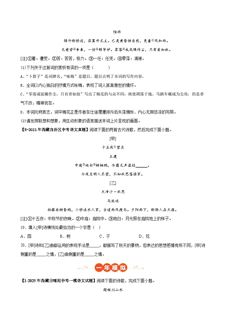 西藏专用 专题07 诗词赏析 （原卷版）5年（2021-2025）中考1年模拟语文真题分类汇编第2页