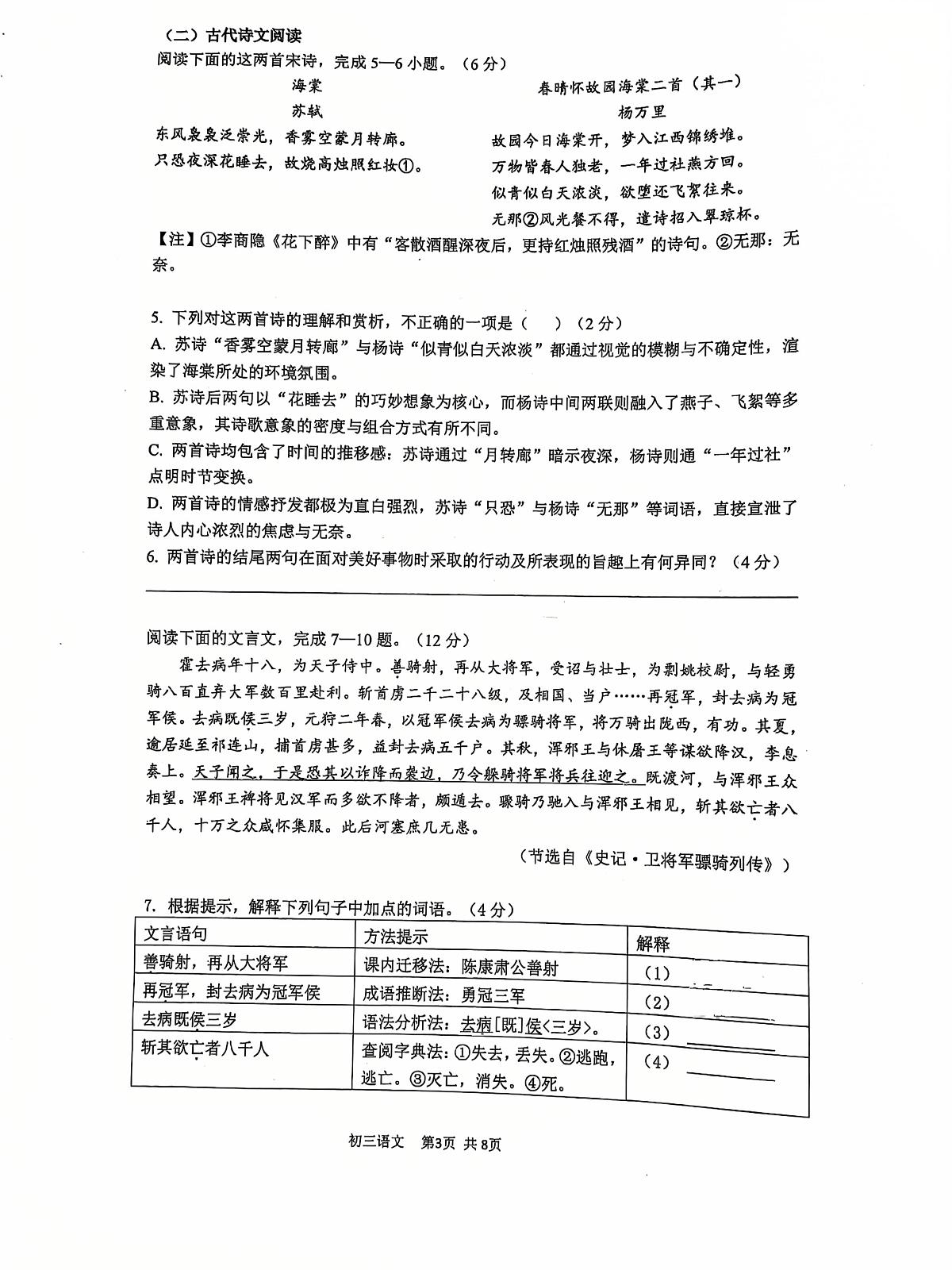江苏省苏州市景范中学校2025-2026学年九年级上学期11月期中语文试题第3页