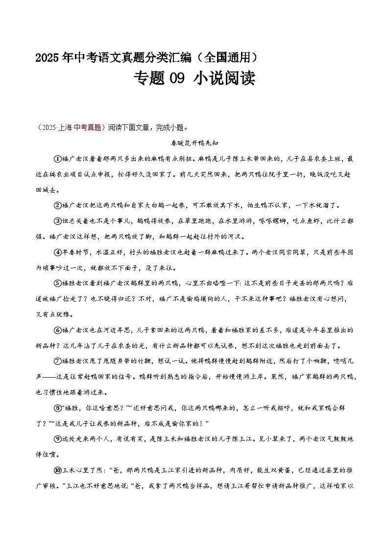 专题09 小说阅读（第1期）（原卷+解释）2025年中考语文真题分类汇编 全国通用第1页