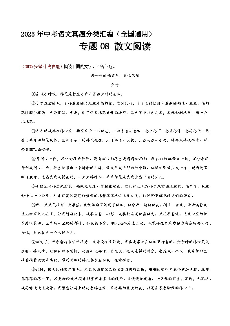 专题08 散文阅读（第1期）（原卷+解释）2025年中考语文真题分类汇编 全国通用第1页