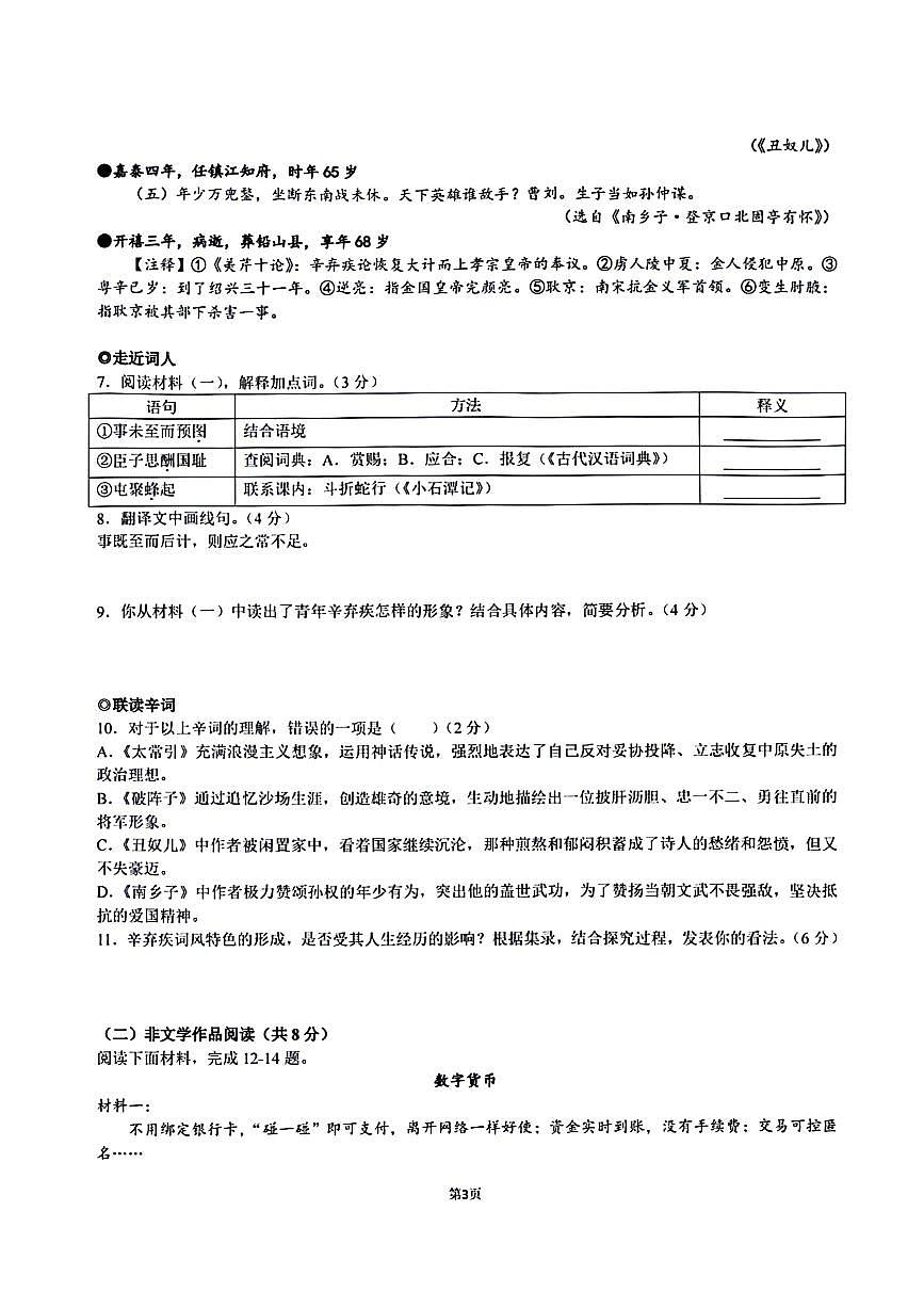 湖南省长沙市中雅培粹中学2024-2025学年九年级上学期开学测试语文试题第3页