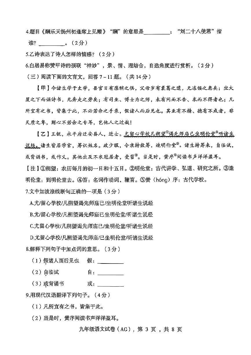 河北省安国市2025-2026学年九年级上学期期中教学质量监测语文试卷第3页