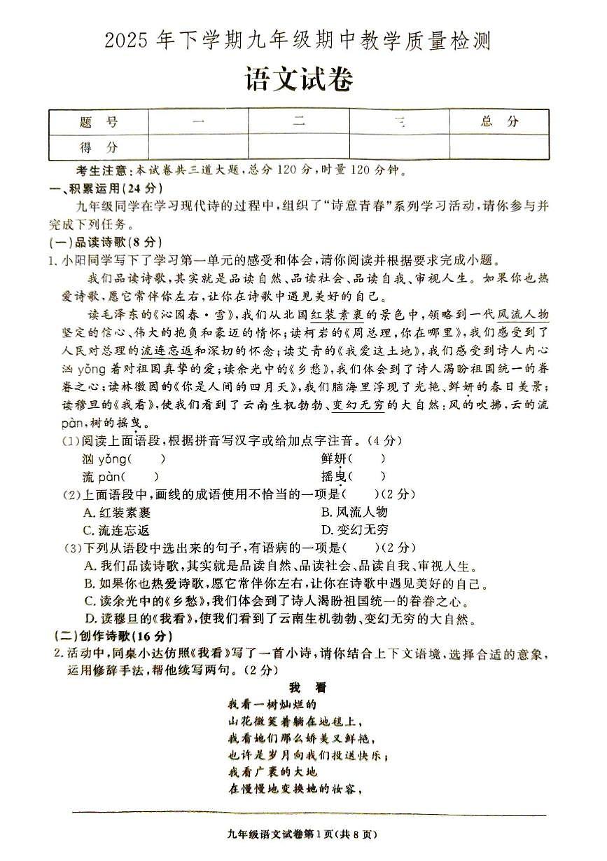 湖南省张家界市桑植县2025-2026学年九年级上学期11月期中考试语文试题第1页