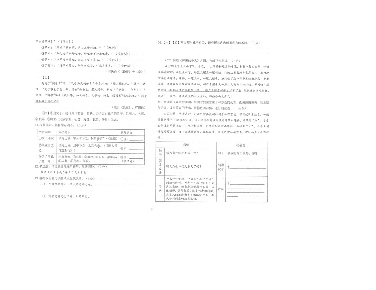 山东省东营市广饶县乐安中学校联考2025-2026学年七年级上学期11月期中语文试题第3页