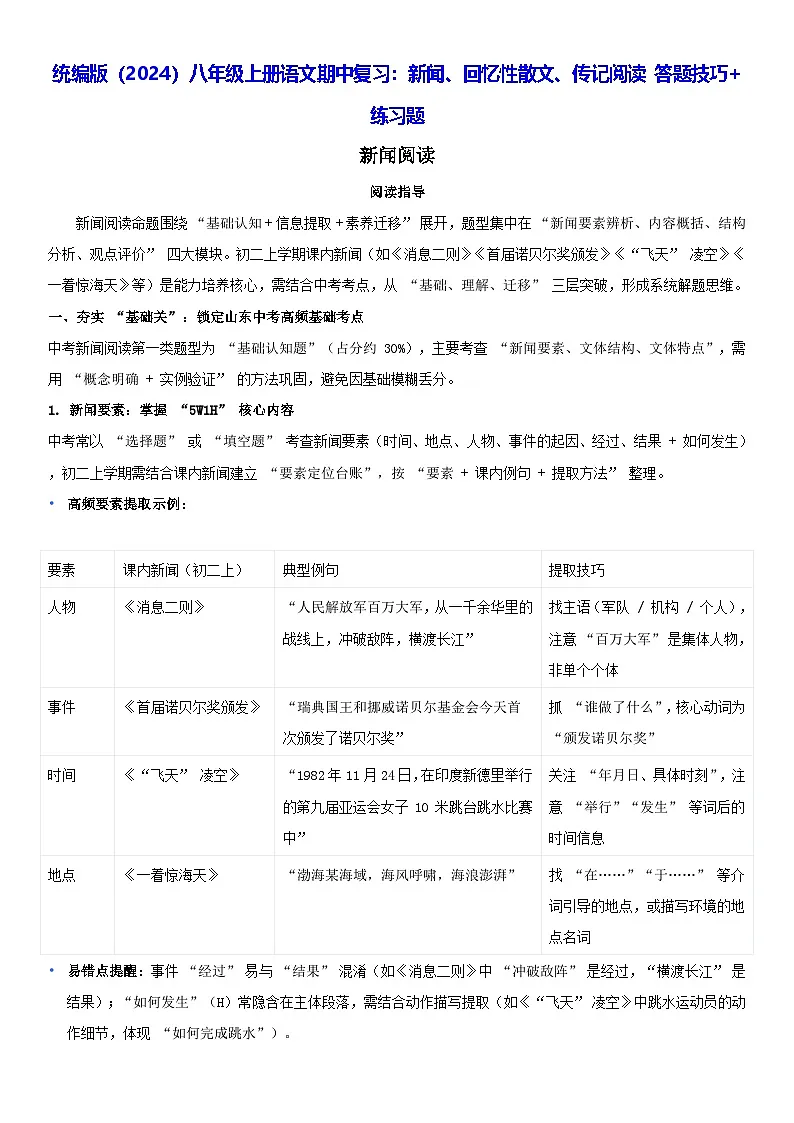 统编版（2024）八年级上册语文期中复习：新闻、回忆性散文、传记阅读 答题技巧+练习题（含答案）第1页
