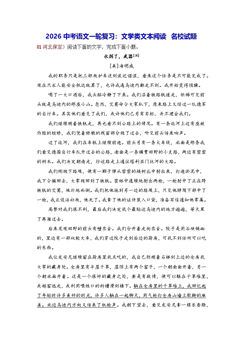 2026中考语文一轮复习：文学类文本阅读 名校试题（含答案解析）第1页