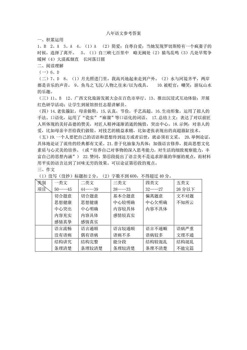 八年语文参考答案第1页
