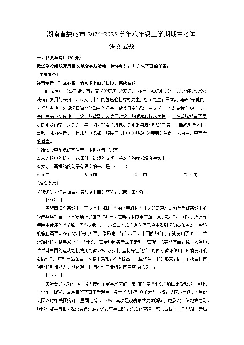 湖南省娄底市2024-2025学年八年级上学期期中考试语文试卷（学生版）第1页