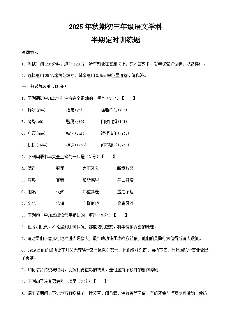 四川省泸州市泸县五中学区2025-2026学年九年级上学期11月期中考试语文试题第1页