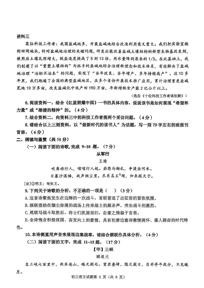 山东省淄博市临淄区2025—2026学年八年级（五四学制）上学期期中考试语文试题第3页