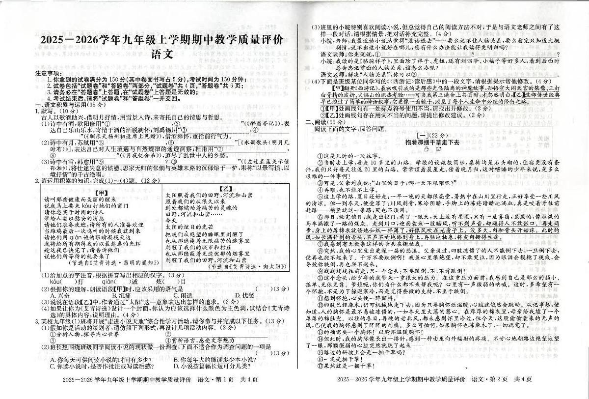 安徽省滁州市全椒县2025-2026学年九年级上学期11月期中语文试题第1页