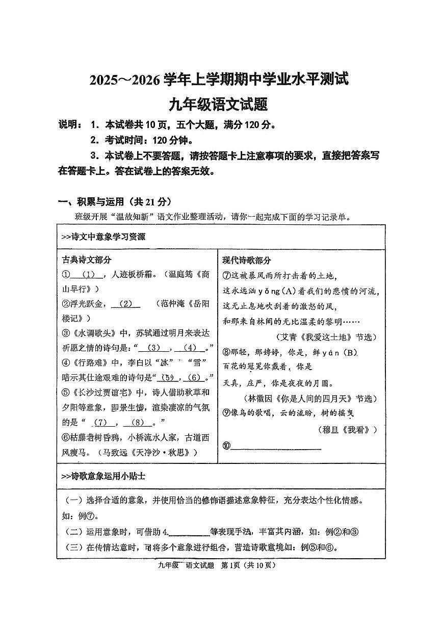 河南省郑州市桐柏一中、郑州市第六十五中学期中联考2025-2026学年九年级上学期11月期中语文试题第1页