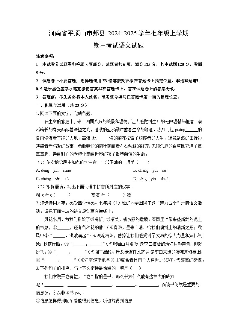 河南省平顶山市郏县2024-2025学年七年级上学期期中语文语文试卷（学生版）第1页