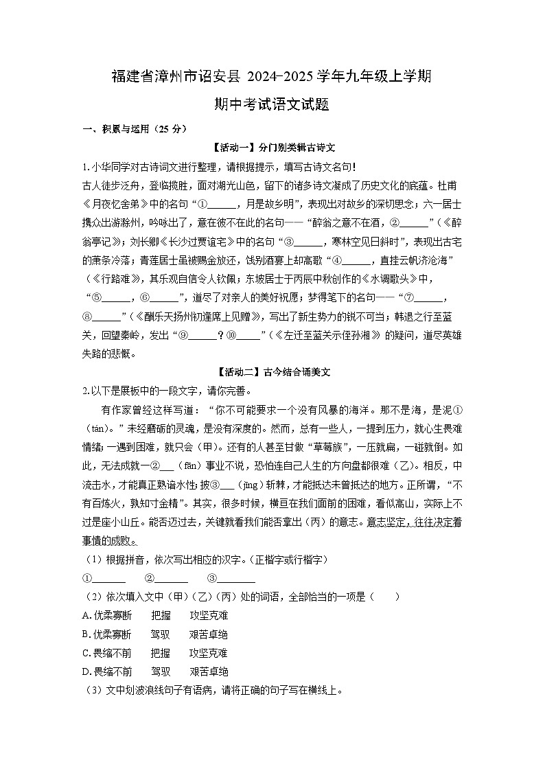 福建省漳州市诏安县2024-2025学年九年级上学期期中考试语文试卷（学生版）第1页