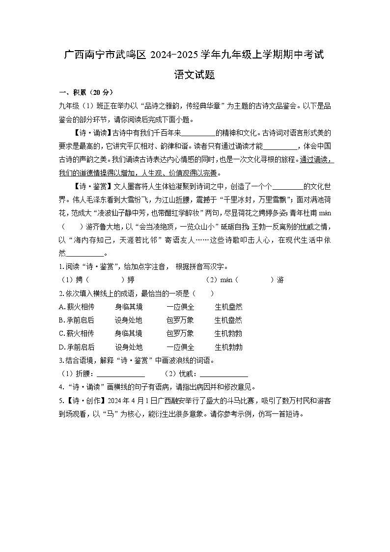 广西南宁市武鸣区2024-2025学年九年级上学期期中考试语文试卷（学生版）第1页