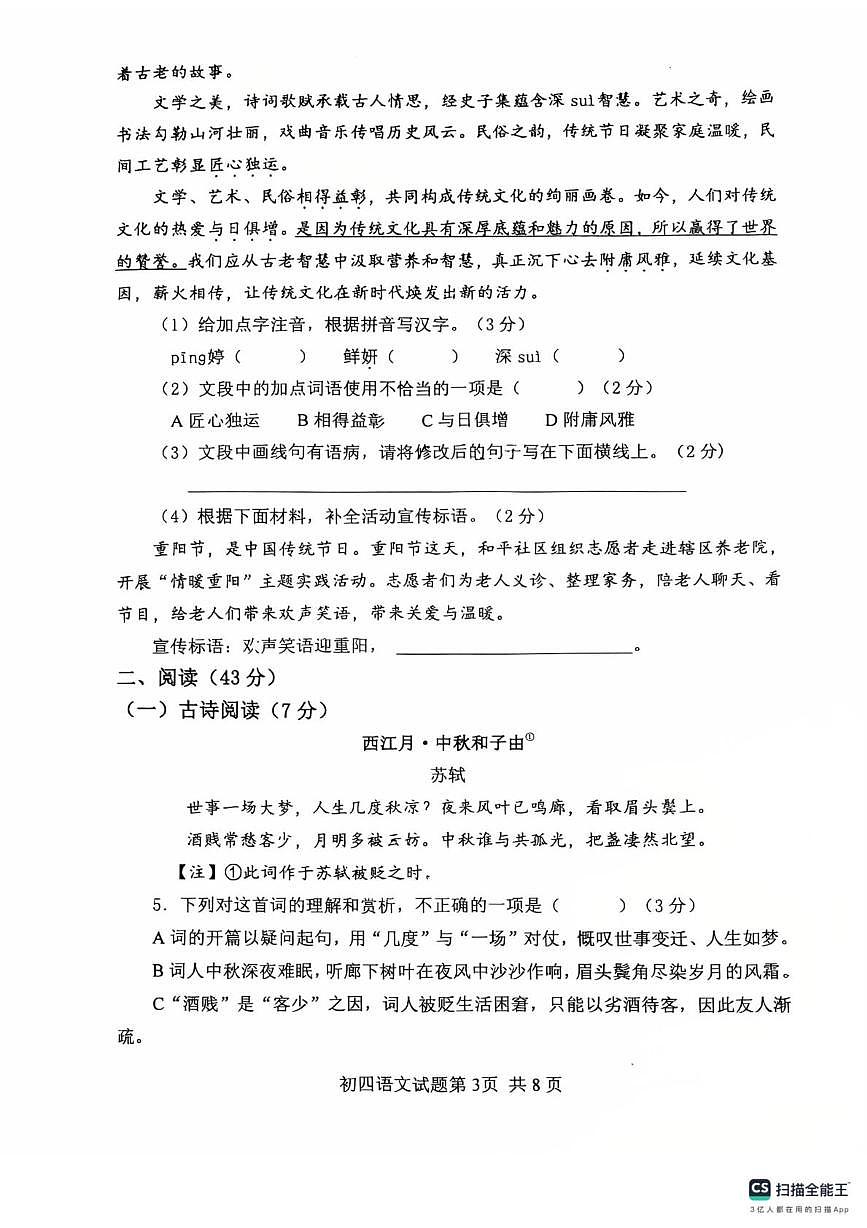 山东省烟台市莱山区2025-2026学年（五四学制）九年级上学期期中语文试题第3页