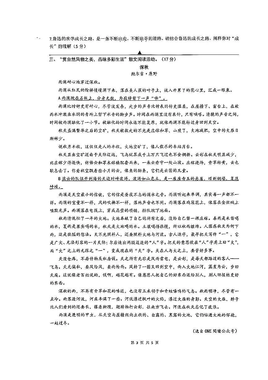 浙江省温州市龙港市2025-2026学年11月七年级上册期中检测语文试题卷（含答案）第3页