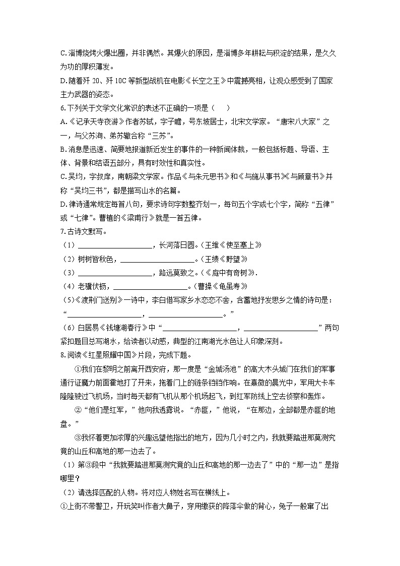 山东省枣庄市薛城区2024-2025学年八年级上学期期中考试语文试卷（学生版）第2页