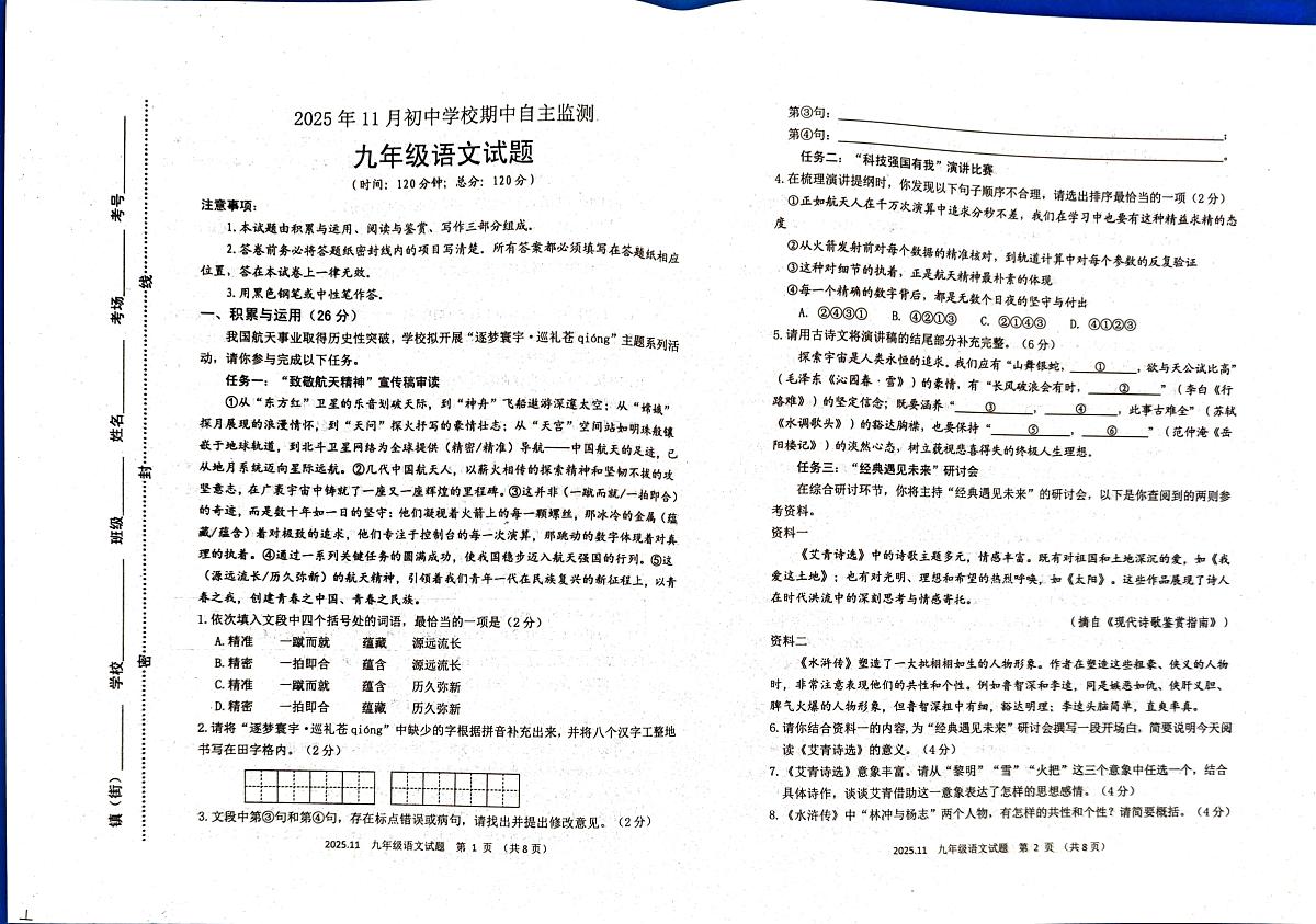 山东省潍坊市寿光市2025-2026学年九年级上学期11月期中语文试题第1页