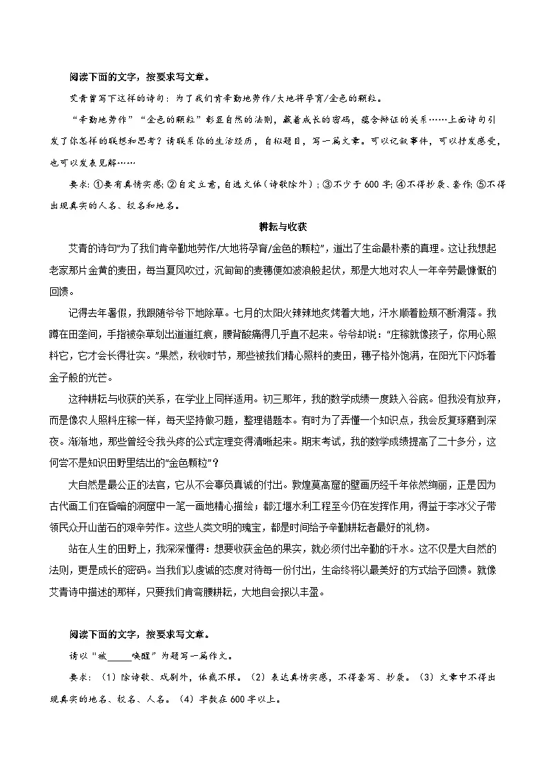 01《耕耘与收获》《被春风唤醒》《爷爷的眼睛》《荡漾在花芽上的惊喜》-2026年中考语文优秀范文讲练（全国通用）第1页