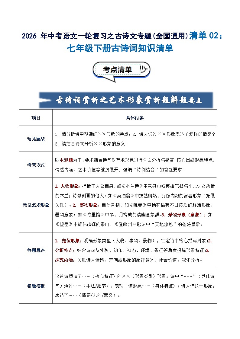 清单02：七年级下册古诗词知识清单-2026年中考语文一轮复习之古诗文专题讲练（全国通用）第1页