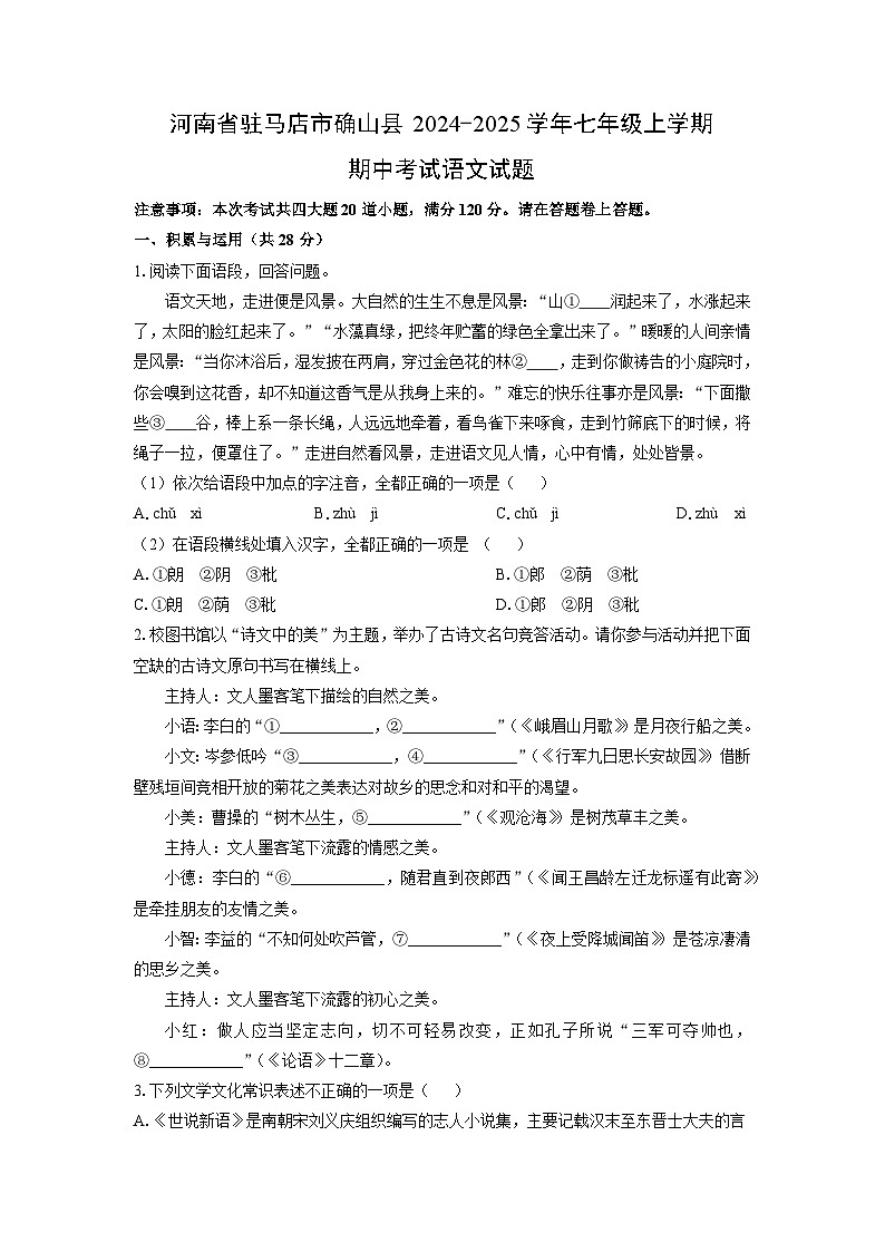 河南省驻马店市确山县2024-2025学年七年级上学期期中语文试卷（学生版）第1页