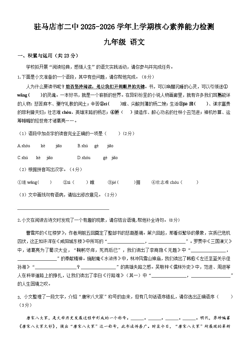 河南省驻马店市驿城区第二初级中学2025-2026学年九年级上学期11月期中语文试题（无答案）第1页