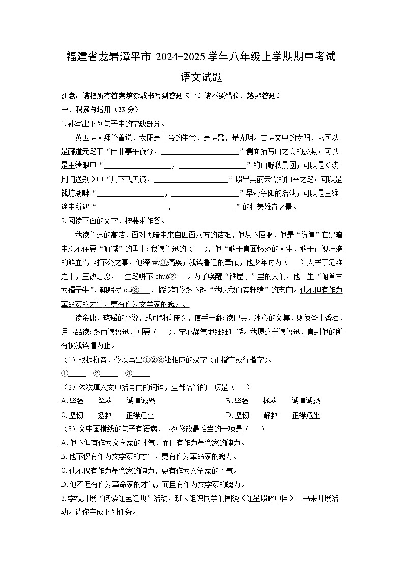 福建省龙岩漳平市2024-2025学年八年级上学期期中考试语文试卷（学生版）第1页