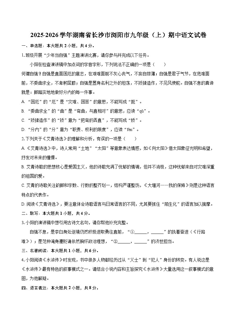 2025-2026学年湖南省长沙市浏阳市九年级（上）期中语文试卷-自定义类型第1页