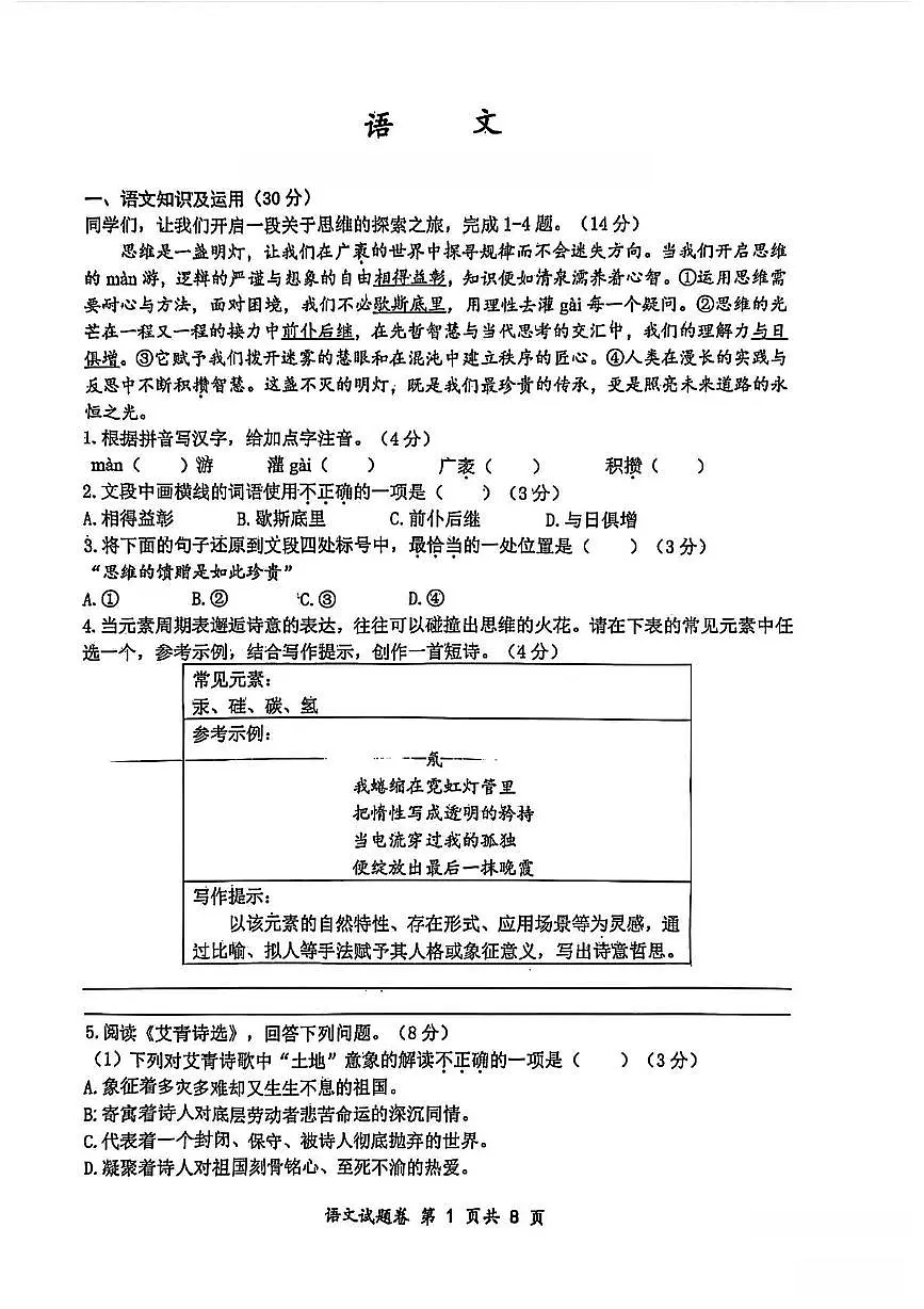 重庆市鲁能巴蜀中学校2025-2026学年九年级上学期期中考试语文试卷第1页