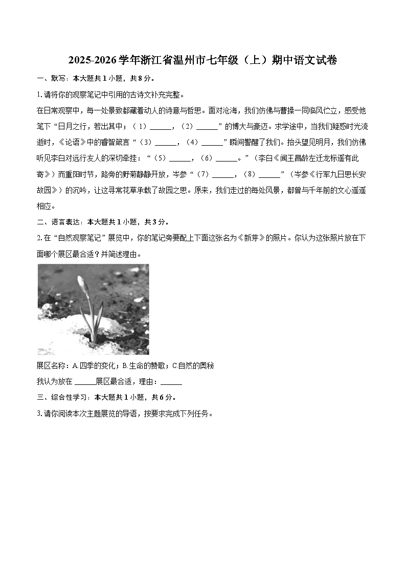 2025-2026学年浙江省温州市七年级（上）期中语文试卷-自定义类型第1页
