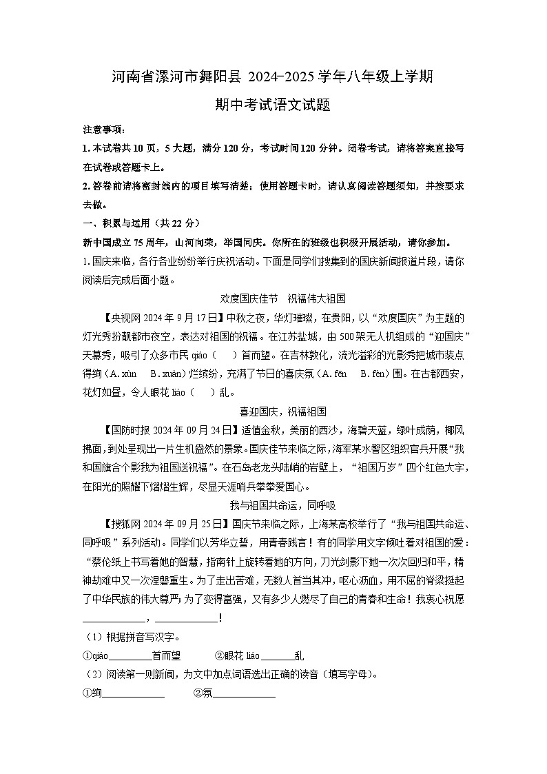 河南省漯河市舞阳县2024-2025学年八年级上学期期中考试语文试题（学生版）第1页
