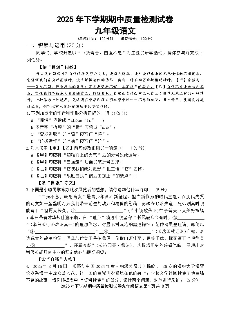 湖南省娄底市2025-2026学年九年级上学期11月期中语文试题第1页