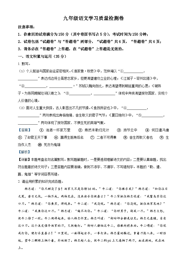 安徽省合肥市新站区2024-2025学年九年级上学期期末语文试题（解析版）-A4第1页