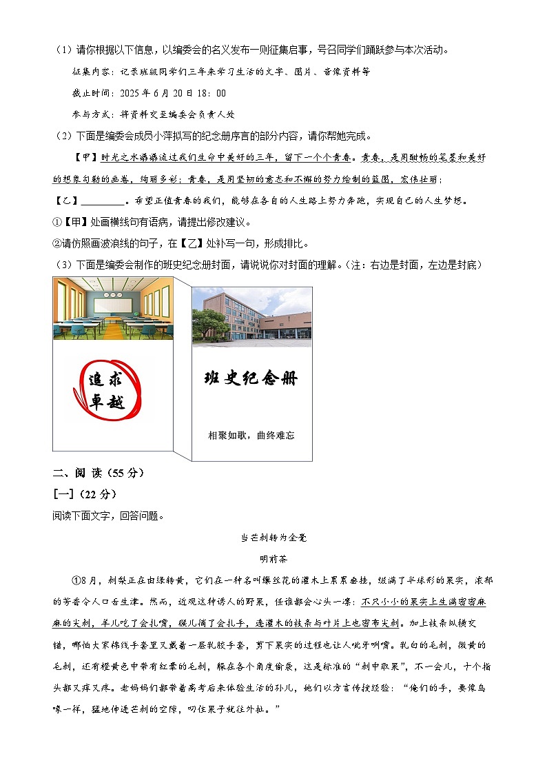 2025年安徽省阜阳市重点中学中考一模语文试题（原卷版）-A4第2页