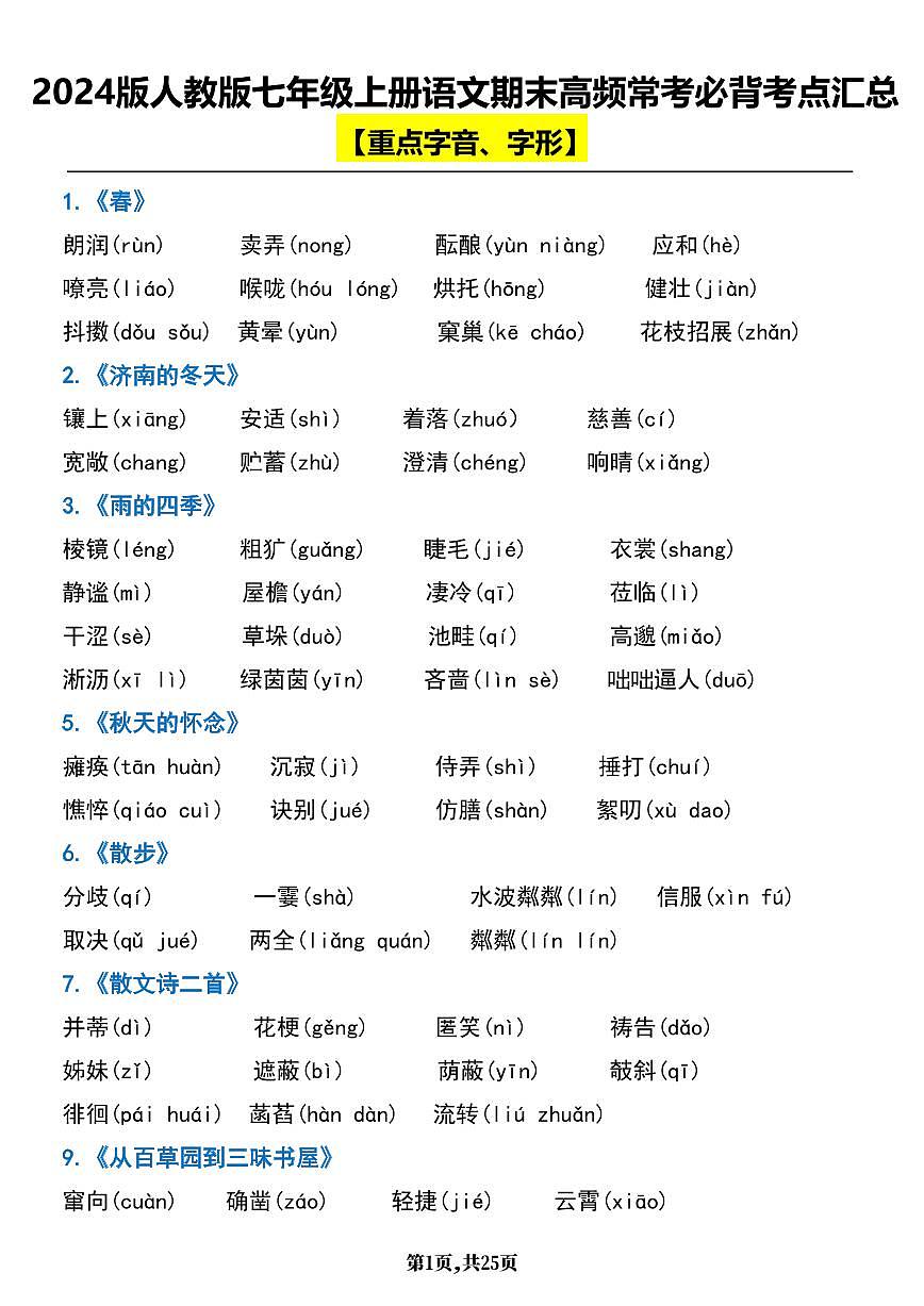 2024版人教版七年级上册语文期末高频常考必背知识点考点汇总第1页