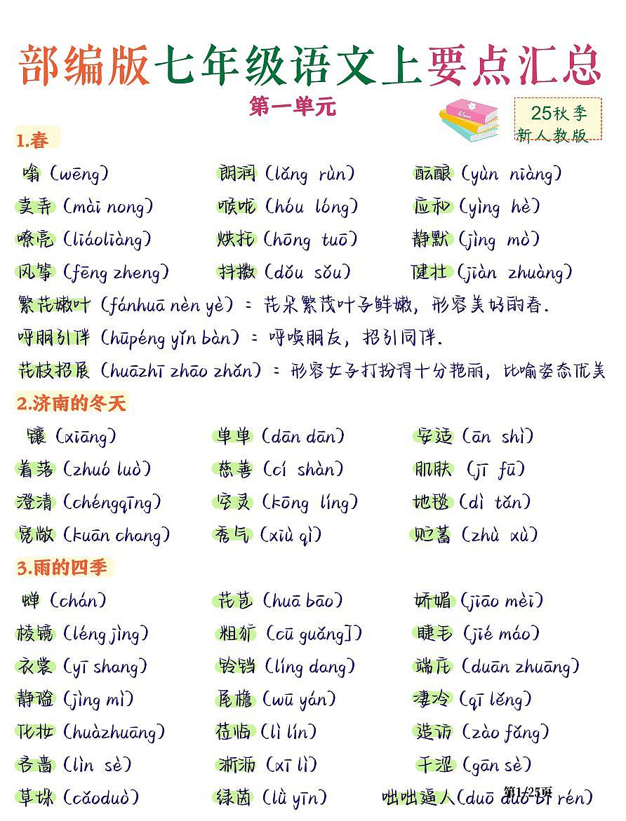 2024版人教版七年级上册语文第一单元高频必背知识点汇总第1页