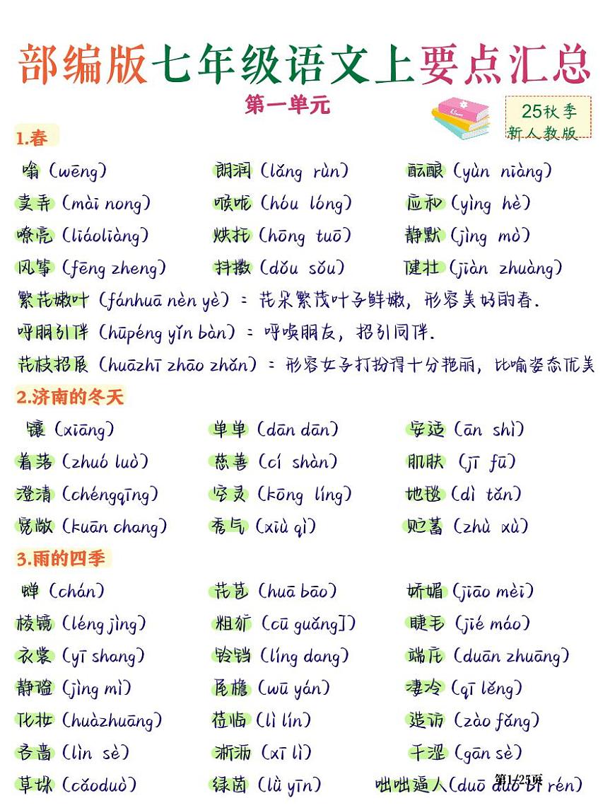 2024版人教版七年级上册语文第一单元高频必背知识点汇总第1页