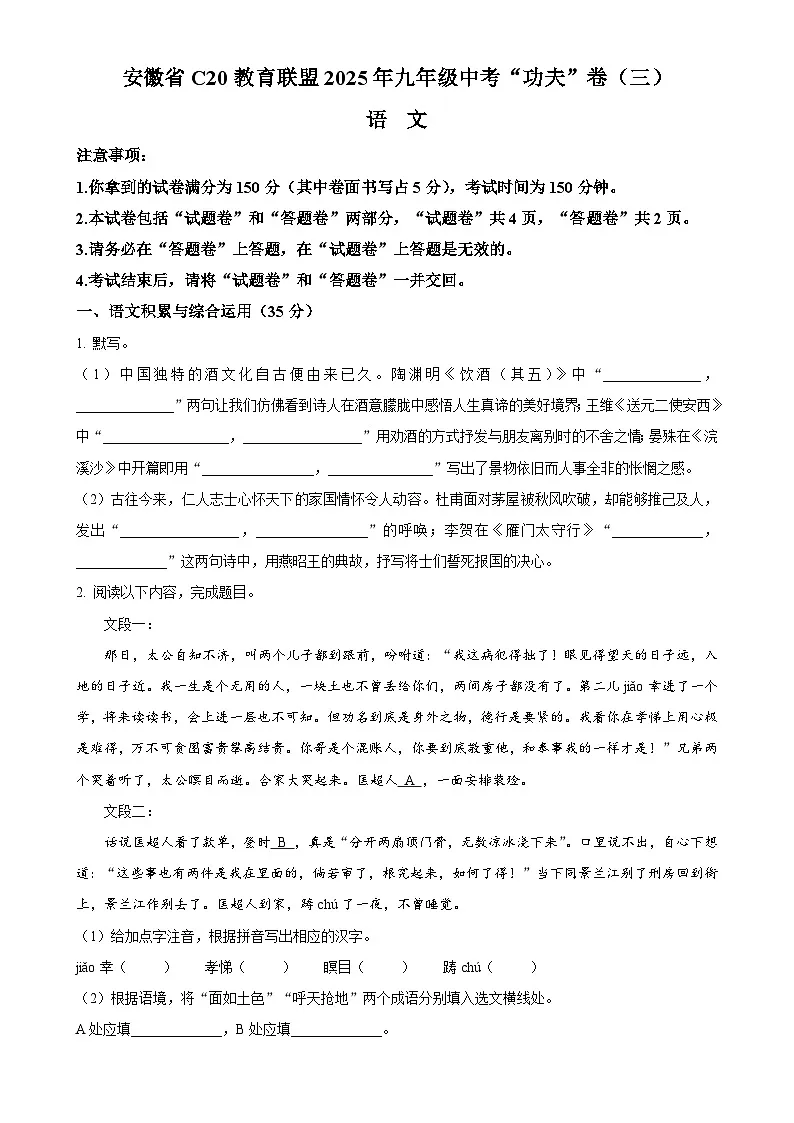 2025年安徽省C20教育联盟中考三模语文试题（原卷版）-A4第1页