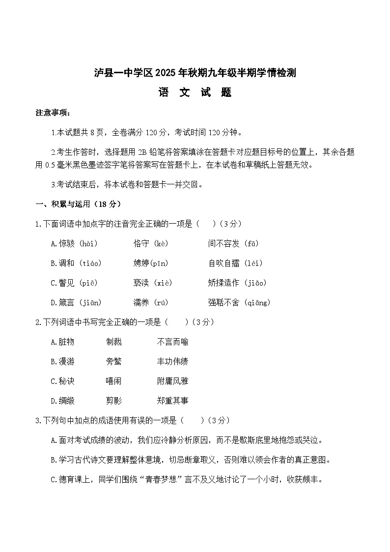 四川省泸县第一中学2026届九年级上学期期中考试语文试卷第1页
