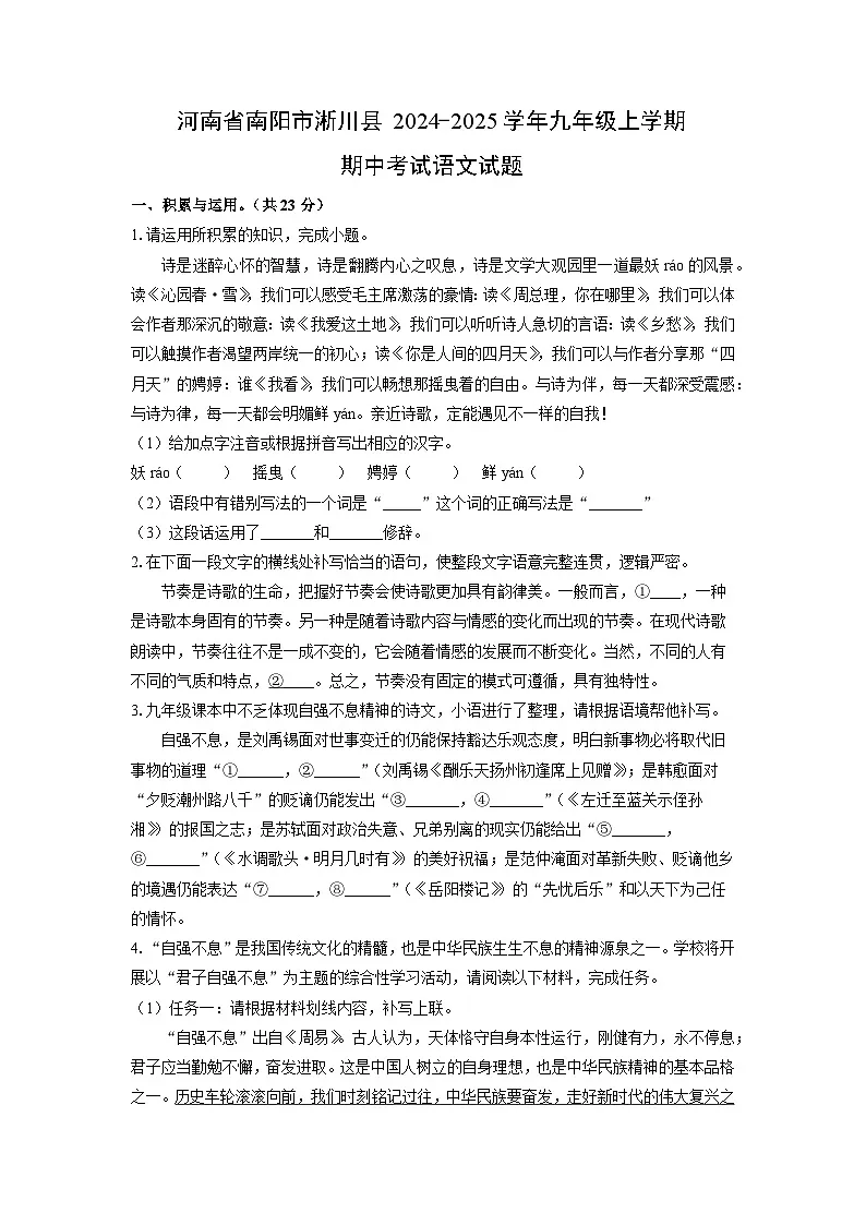 河南省南阳市淅川县2024-2025学年九年级上学期期中考试语文试卷（学生版）第1页