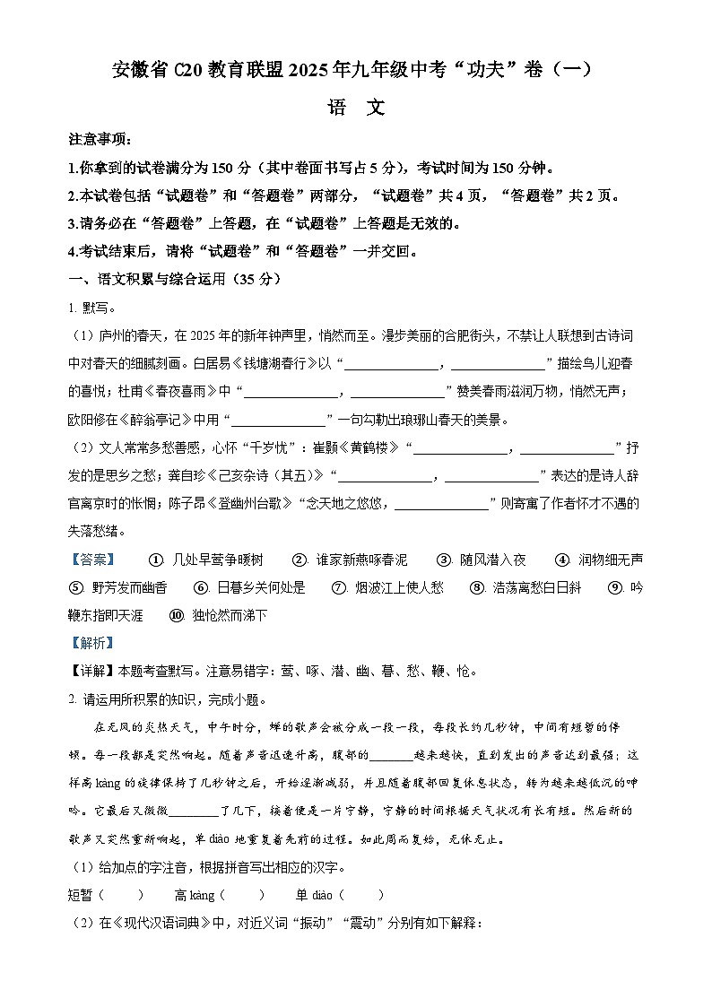 2025年安徽省C20教育联盟中考一模语文试题（解析版）-A4第1页