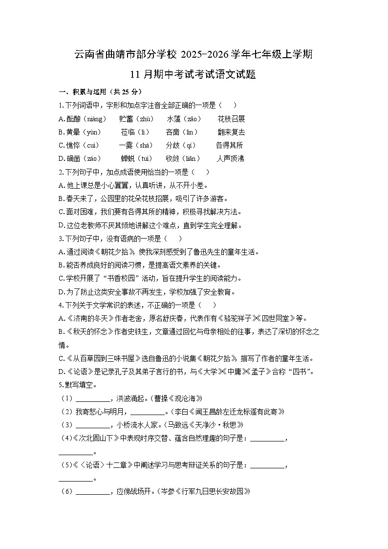 云南省曲靖市部分学校2025-2026学年七年级上学期11月期中考试考试语文试卷（学生版）第1页