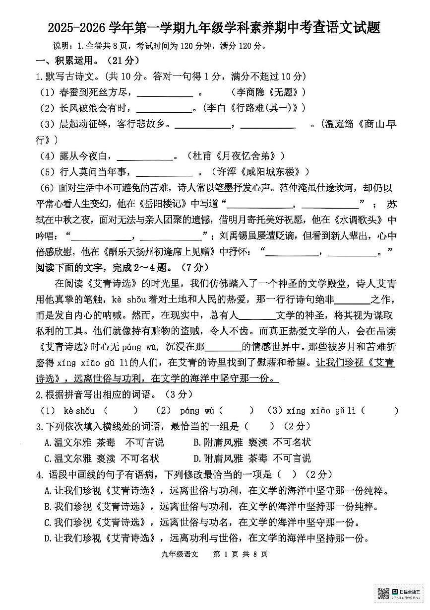 广东省惠州市惠东县2025-2026学年九年级上学期11月期中语文试题第1页