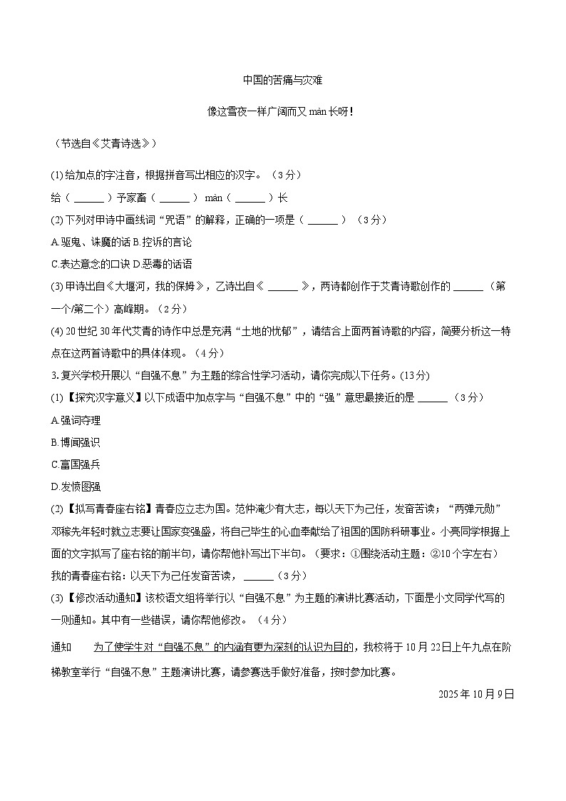 安徽省安庆市宿松县部分学校联考2025-2026学年九年级上学期11月期中语文试题第3页