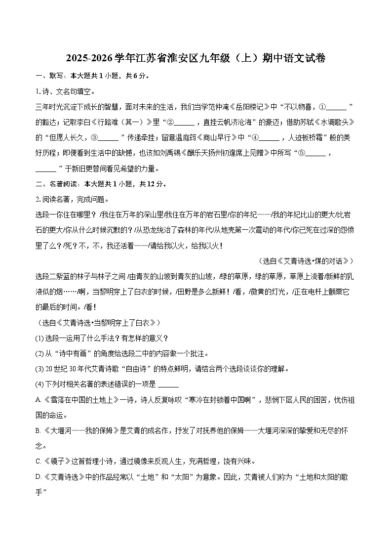 2025-2026学年江苏省淮安区九年级（上）期中语文试卷-自定义类型第1页